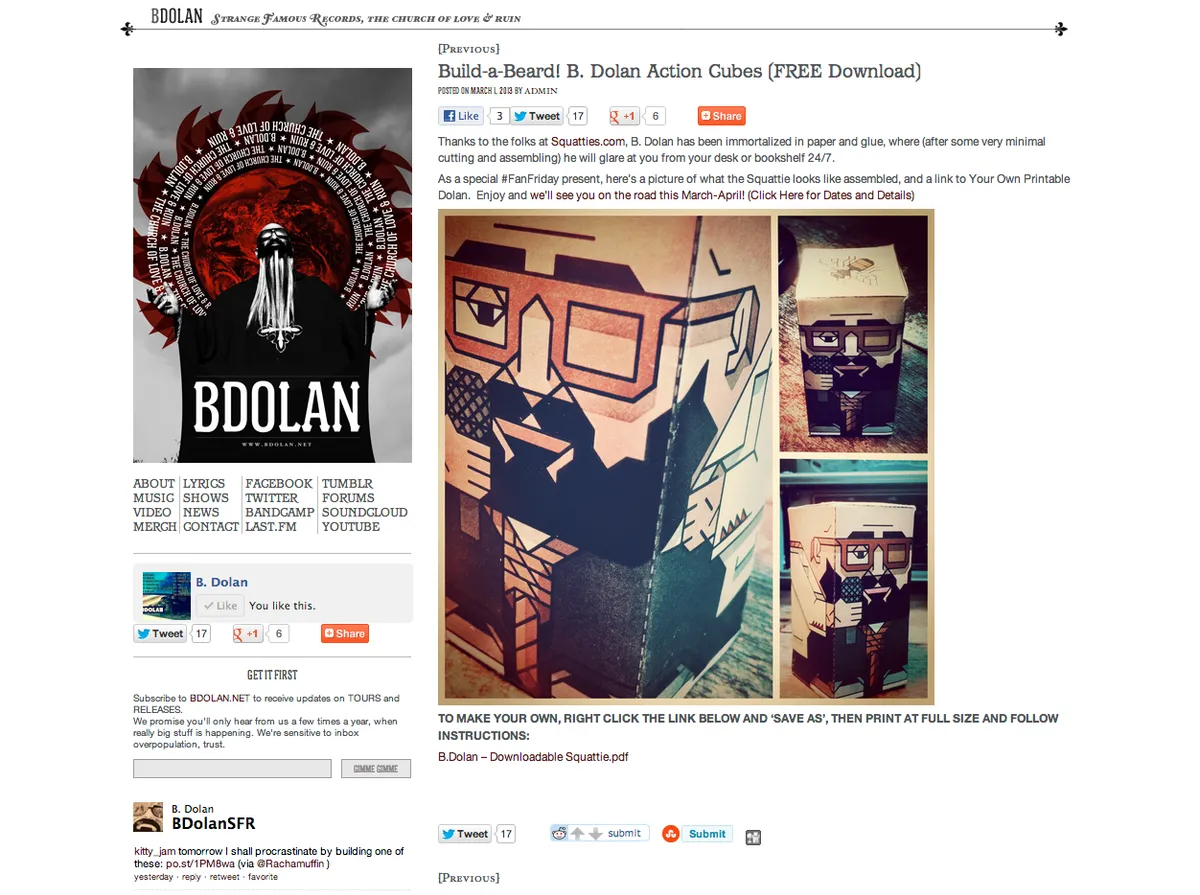 The original Fan Friday feature on B. Dolan’s website showcasing the downloadable Squattie.