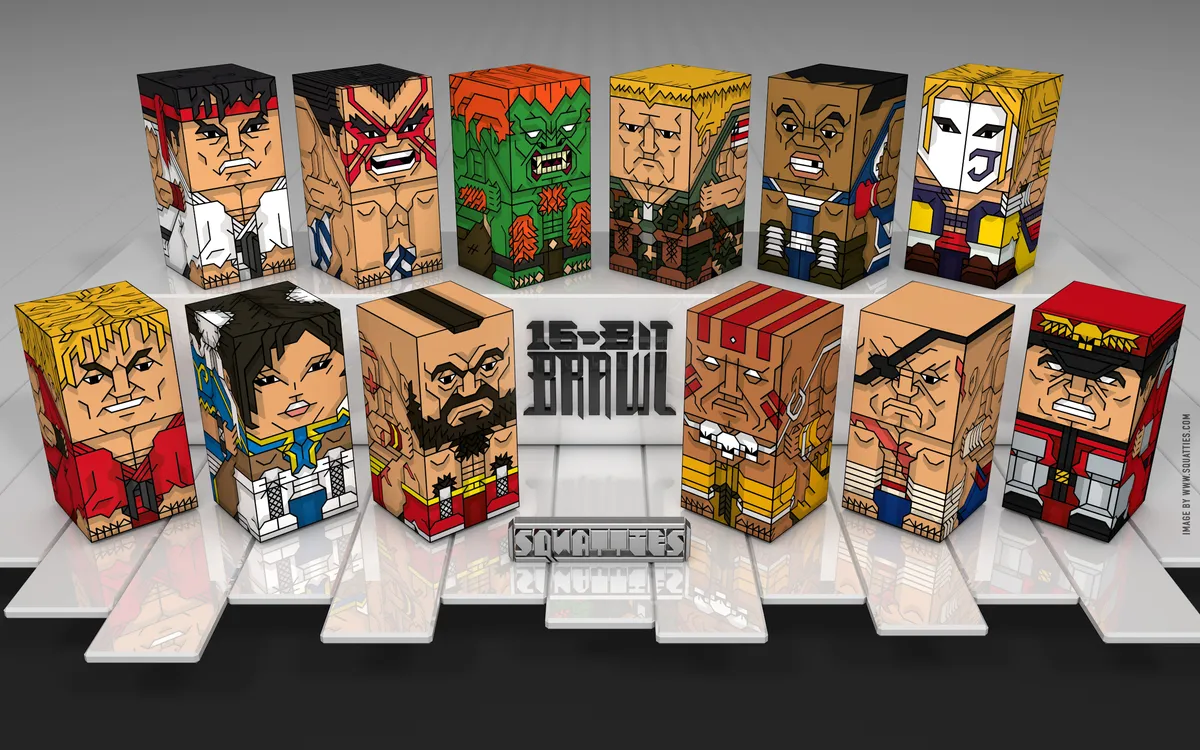 The full collection of 12 Street Fighter Squatties featured in the project.
